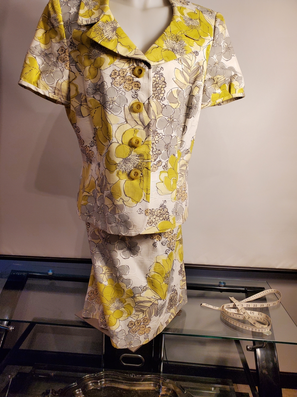 Tahari Green and Gray Floral Midi Jacket & Skirt Set